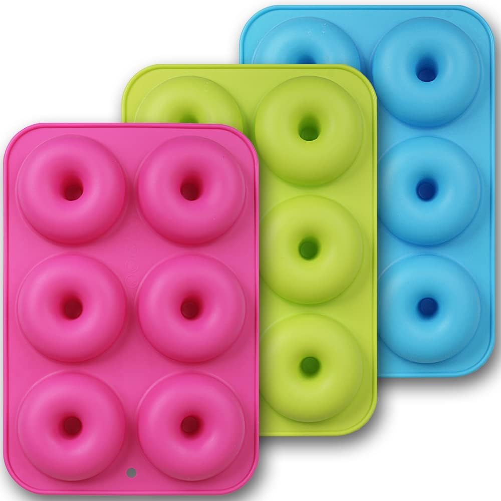 Moldes Silicon | Moldes de silicona para donas, paquete de 3 moldes de silicona antiadherentes de grado alimenticio para hornear donas, verde, rosa, azul