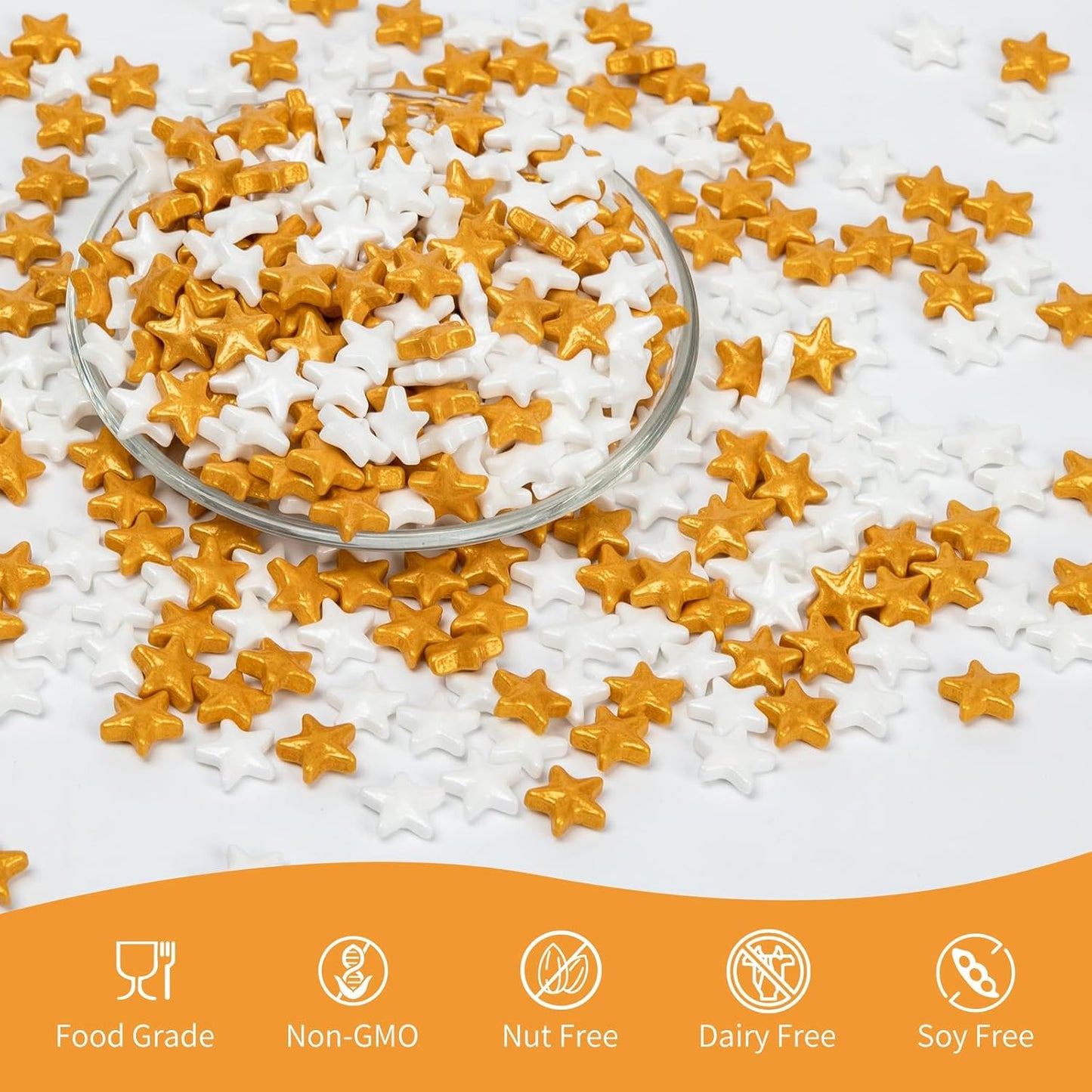 Sprinkles navidad estrellas oro y blancas no metalicas 1cm