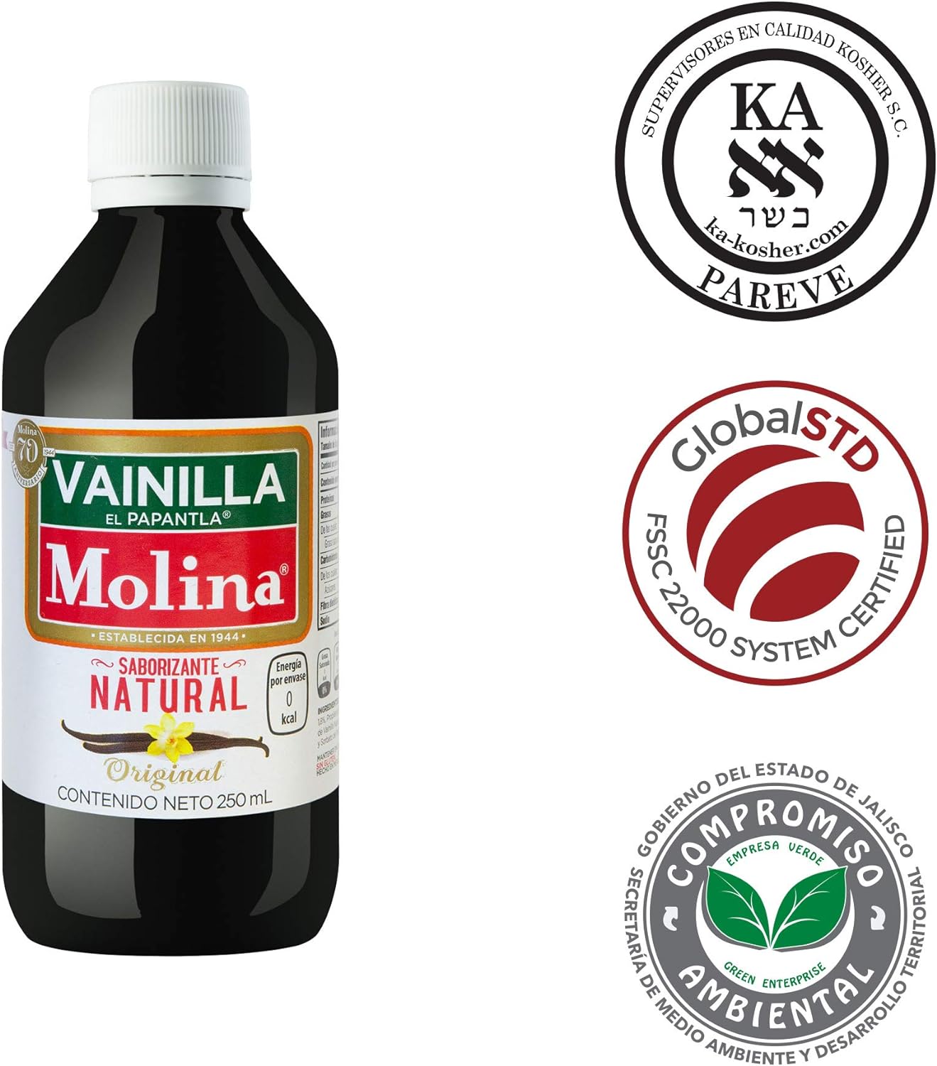 Molina | Vainilla Molina Saborizante Natural Original| Complementos| 5 Pack de 250 ml | Sin Azúcar | Vainilla Líquida | Presentación de 250 ml | Kosher | Para Repostería | Postres y Bebidas