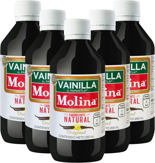 Molina | Vainilla Molina Saborizante Natural Original| Complementos| 5 Pack de 250 ml | Sin Azúcar | Vainilla Líquida | Presentación de 250 ml | Kosher | Para Repostería | Postres y Bebidas