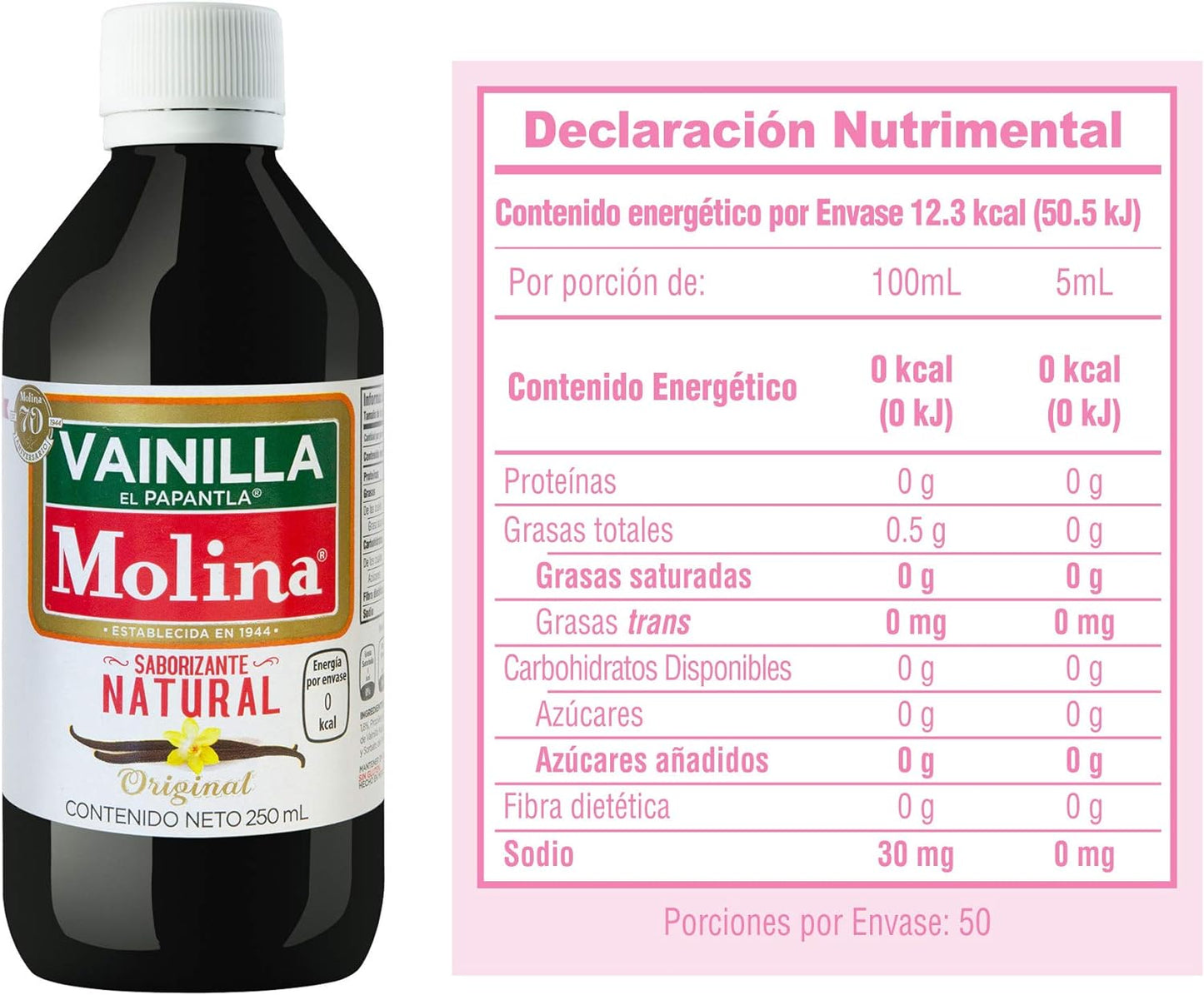 Molina | Vainilla Molina Saborizante Natural Original| Complementos| 5 Pack de 250 ml | Sin Azúcar | Vainilla Líquida | Presentación de 250 ml | Kosher | Para Repostería | Postres y Bebidas