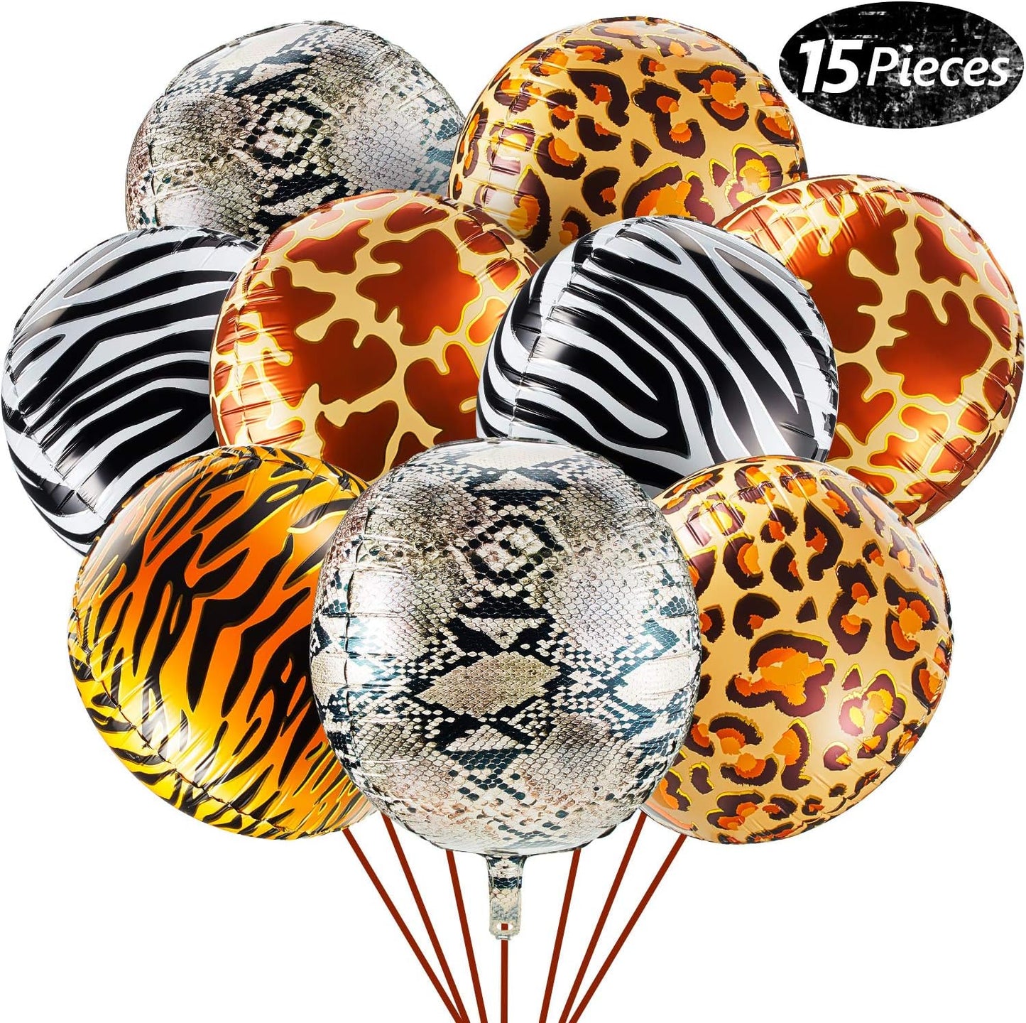 Globos Safari - Animal Print Orbz 22plg Set de 15 Piezas ungle Animal Print Balloons 4D Round Leopard Balloons Cheetah Tiger Giraffe Snake Zebra Balloons Foil Animals Balloon for Safari Zoo